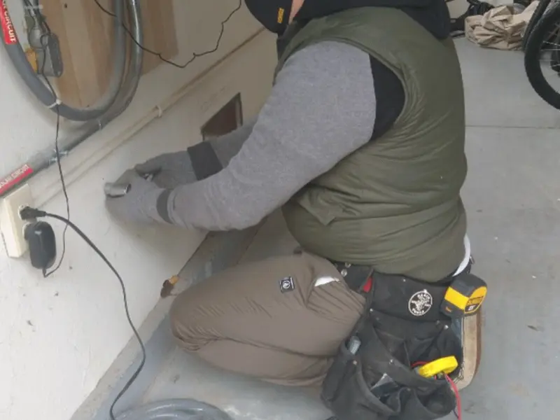 Electrician performing outlet wiring in a Suitland garage